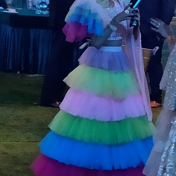 multicolored layered lehanga with crop top and dupatta - Picture 2 of 5